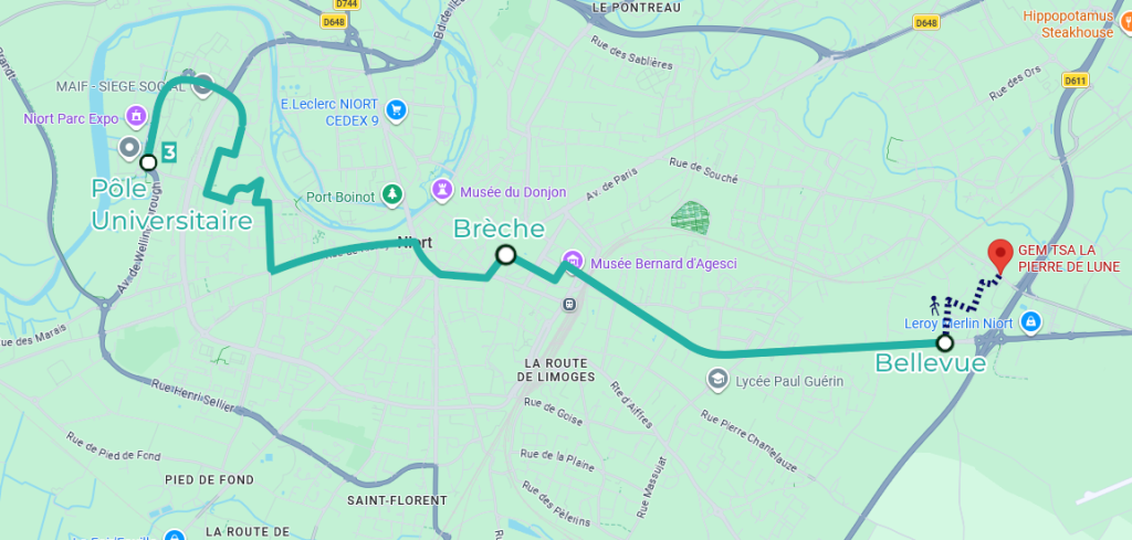 Représentation de l'itinéraire de la ligne 3 de Pôle Universitaire jusqu'à l'arrêt Bellevue suivi d'un chemin pour rejoindre le GEM à pied.