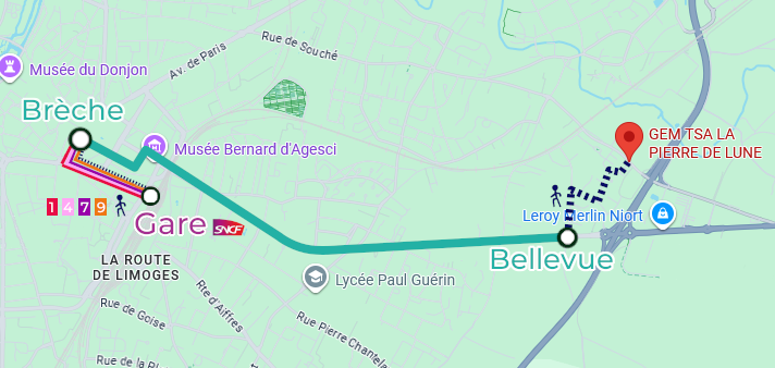 Représentation de l'itinéraire de la gare SNCF jusqu'à la place de la Brèche : avec les lignes de bus 1,4,7 ou 9 ou à pied puis prise d'une correspondance à la Place de la Brèche avec la ligne 3 de l'arrêt "Brèche" jusqu'à l'arrêt Bellevue suivi d'un chemin pour rejoindre le GEM à pied.